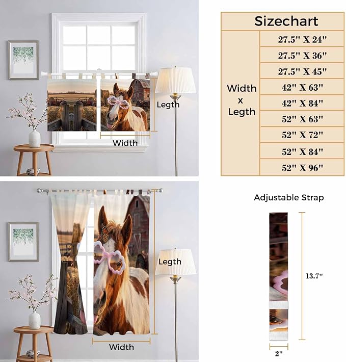 Farm Horses Kitchen Curtains 45 Inch Length, Short Cafe Window Curtains Tab Top