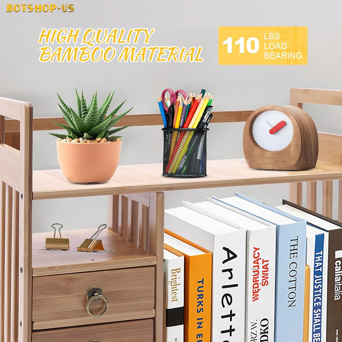 Gdrasuya10 Bamboo Desktop Bookshelf Wood Counter-top Bookcase Office Desk Organizer Book Holder with 3 Drawers Double Layer Makeup Storage Display Shelf Rack for Office Supplies (Natural Color)