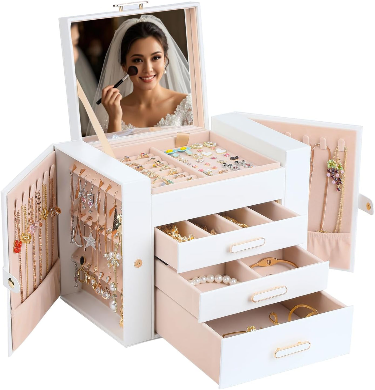 ASINGYER White 4 Layer 3 Drawer Jewelry Organizer with Double Hanging Side Cabinets for Women Accessories