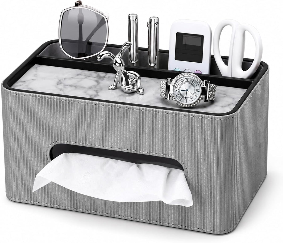PU Leather Rectangle Tissue Box Cover with Storage Organizer, Gray