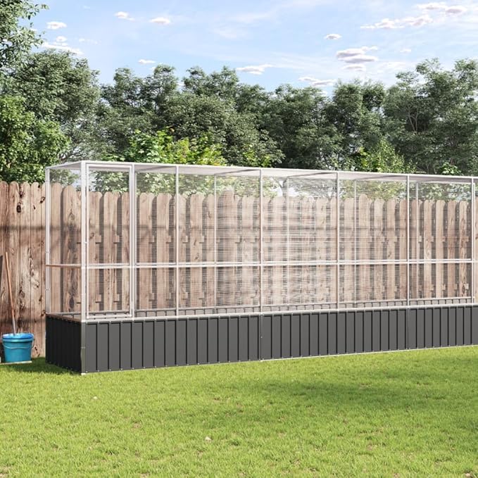 Large Metal Heavy Duty Walk-in Aviary Cage with Extension, Ample Activity Space Bird Cage with Lockable Door Also for Chickens and Rabbits, Silver 246.7"x42.1"x83.5" Steel,-408