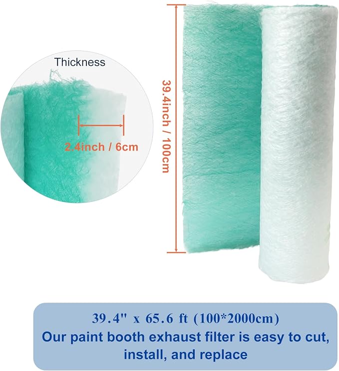 Paint Booth Exhaust Filter Roll 39.4’’ x 65.6ft, 2.4inch Thick Spray Booth