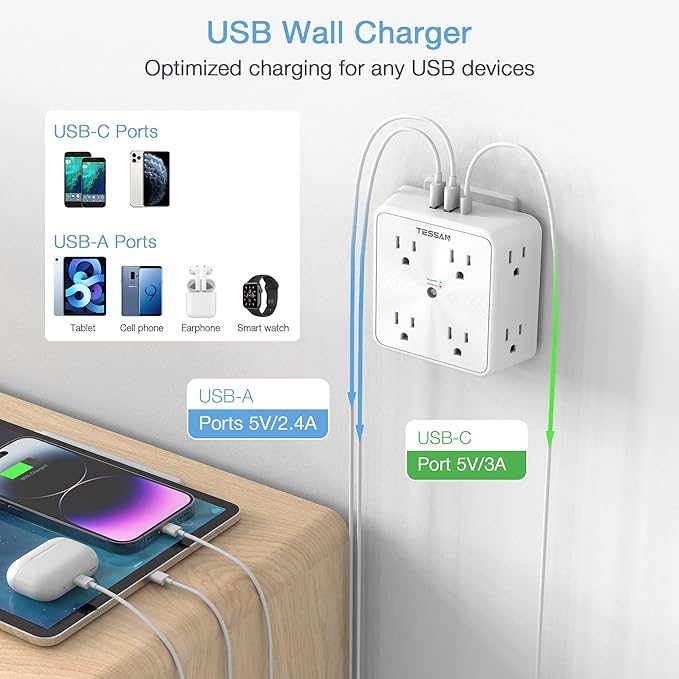 Surge Protector 8 Outlet Extender, TESSAN Multi Outlet Splitter with 3 USB Wall Charger (1 USB C), 3-Sided Multiple Plug Power Strip 1700J, Charging Station for Home Office Dorm Room Essentials