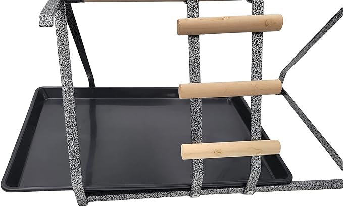 Parrot Bird Perch Table Top Stand Metal Wood 2 Steel Cups Play for Medium and Large Breeds 17.5" x 12.5" x 11"