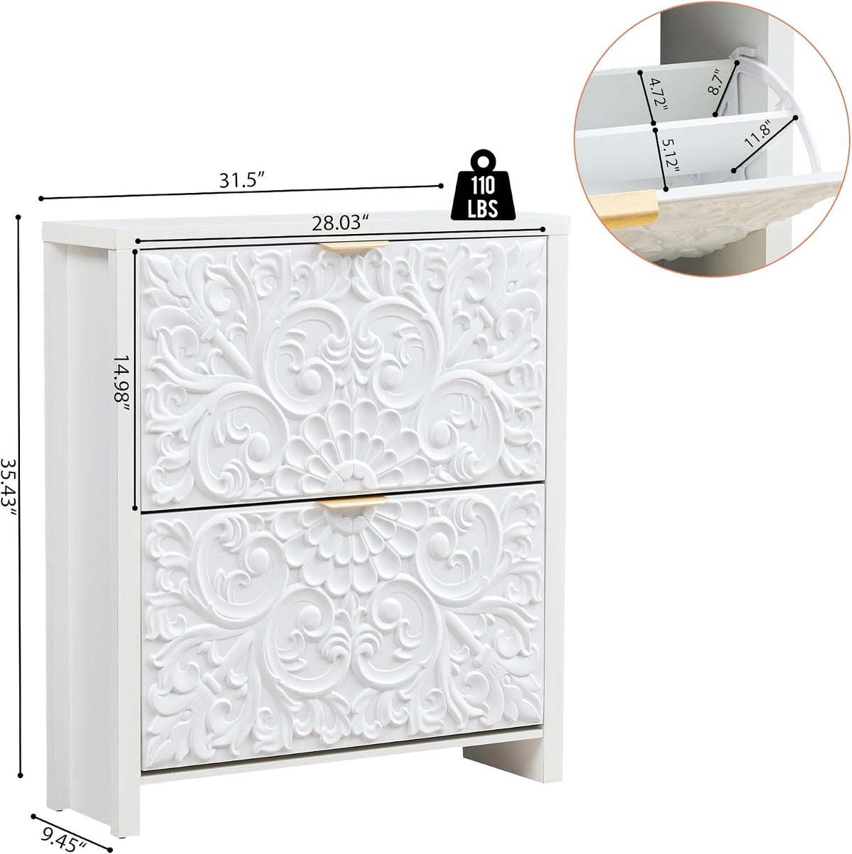 weselon Shoe Cabinet with Flip Drawers, Narrow Shoe Storage Cabinet, 2-Tier Hidden Shoe Organizer with Floral Embossed for Entryway, Mid-Century Modern Slim Shoes Storage for Hallway Foyer (1, White)