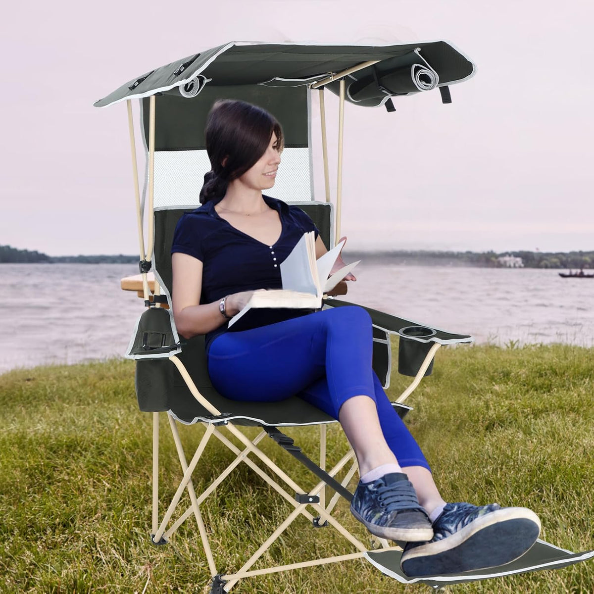CDEN Canopy Chair, Chair with Shade, Umbrella Chairs, Foldable Camping Chairs, with Detachable Footrest, Cooler Bag, Cup Holder, for Camping, Picnic, Sports, Patio, Traveling (1 Pack)