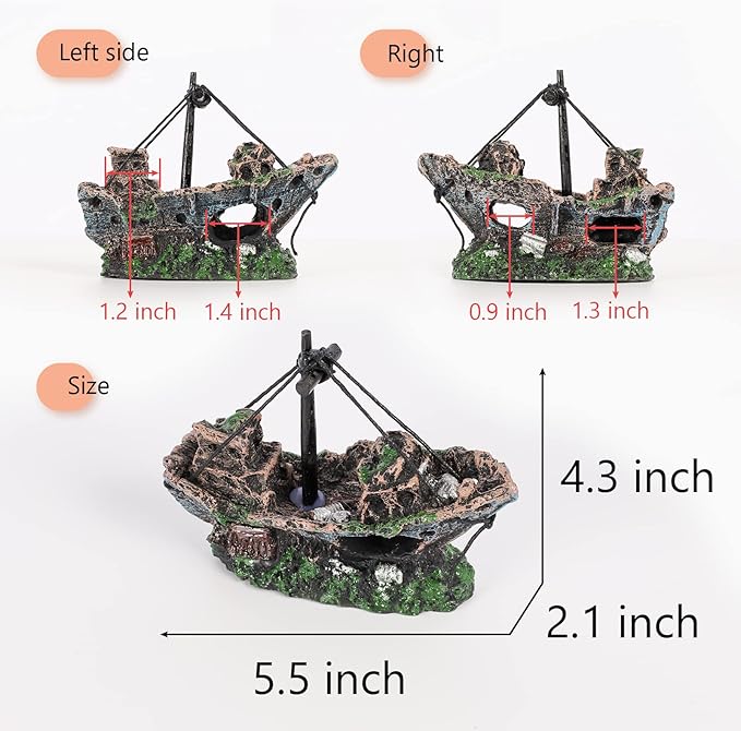 Raeasily Fish Tank Decoration Aquarium Accessories,Shipwreck Decor,Resin Material Sunken Ship Decorations for Fish Favors, Multi, 10 * 10