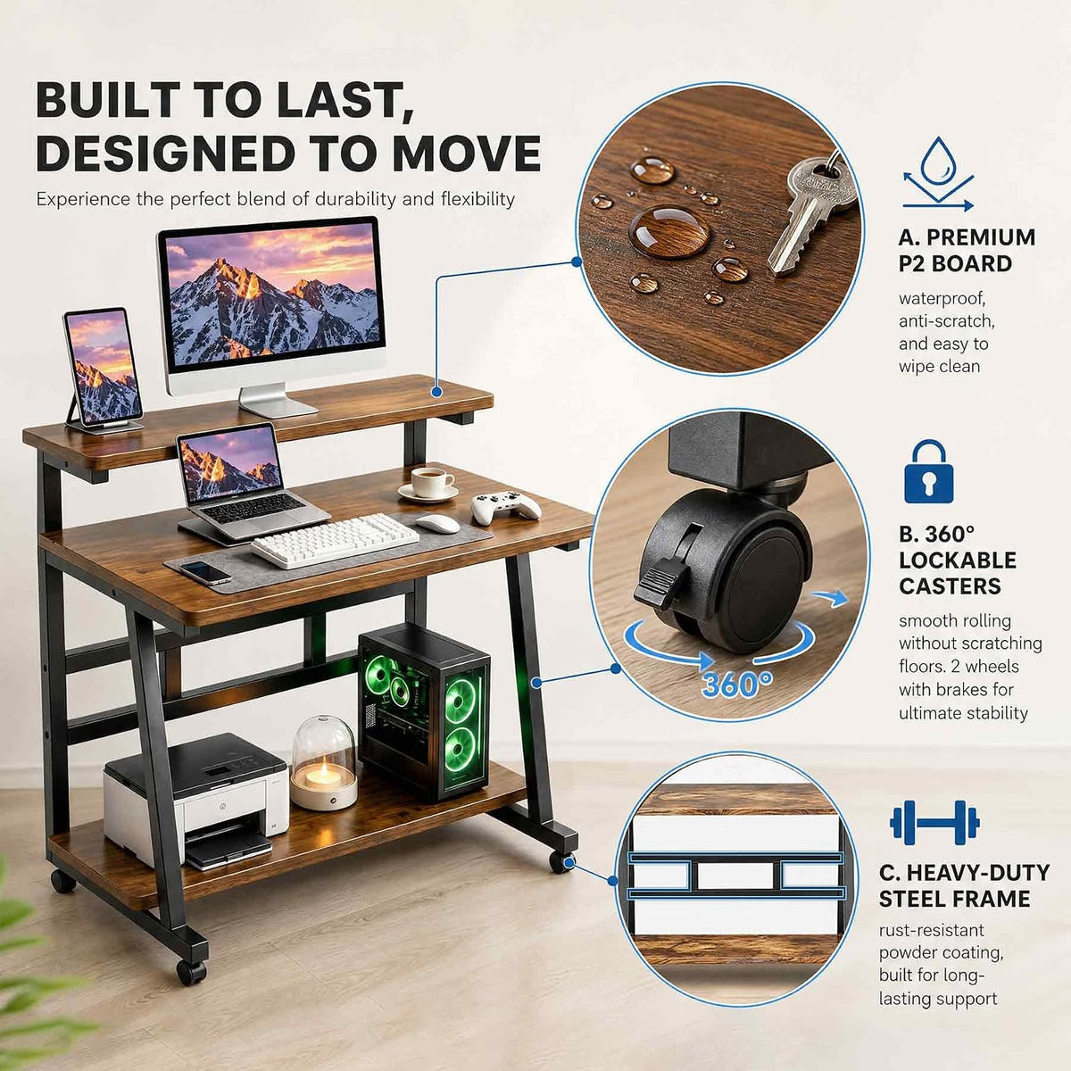 Rolling Computer Desk, 31.5 Inch Small Desks For Small Space, Portable Small Computer Desk with Monitor Stand & 3-Tier Storage, Portable Desk on Wheels for Writing, Home Office, Small Desk for Bedroom