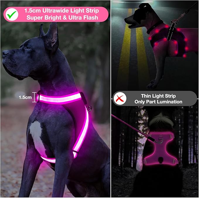ChalkLit Light Up Dog Harness, No Pull Led Dog Harness Glow-in-The-Dark for Night Walking, USB Rechargeable Lighted Safety Vest for Medium Large Dogs, Adjustable Soft Mesh Fully Illuminated(Pink, XL)