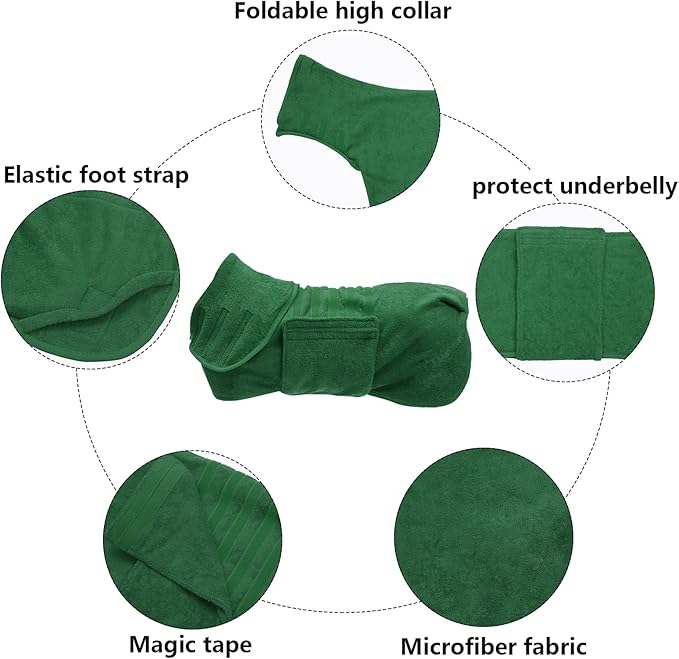 Geyecete Dog Drying Coat - Fast Drying Bag, Bathrobe Towel - Microfibre Super Absorbent Pet Cat Bath Robe, Luxuriously Soft - Green - XXXL