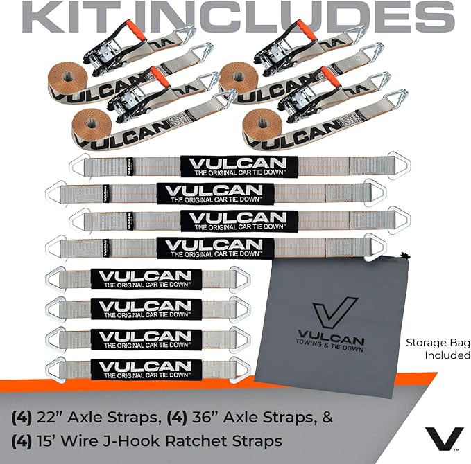 VULCAN Complete Axle Strap Tie Down Kit with Wire J-Hook Ratchet Straps - Silver Series Webbing - Includes (4) 22 and (4) 36 Inch Axle Tie Downs, and (4) 8' Wire Hook Straps
