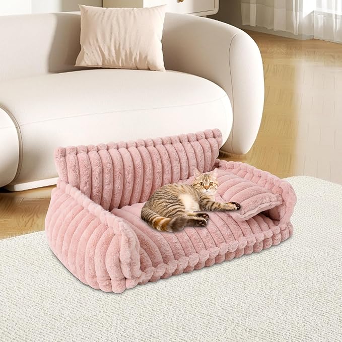 Fluffy Pet Couch Bed with Removable Washable Cover, Soft Rabbit Plush Dog Cat Bed for Small Medium Pets, L Size Pink Couch with Non-Slip Bottom and Pillow (Pink)