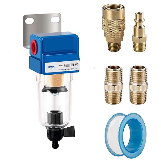 NANPU 1/4" NPT Compressed Air Line Filter, 5 Micron Brass Element, Manual Drain