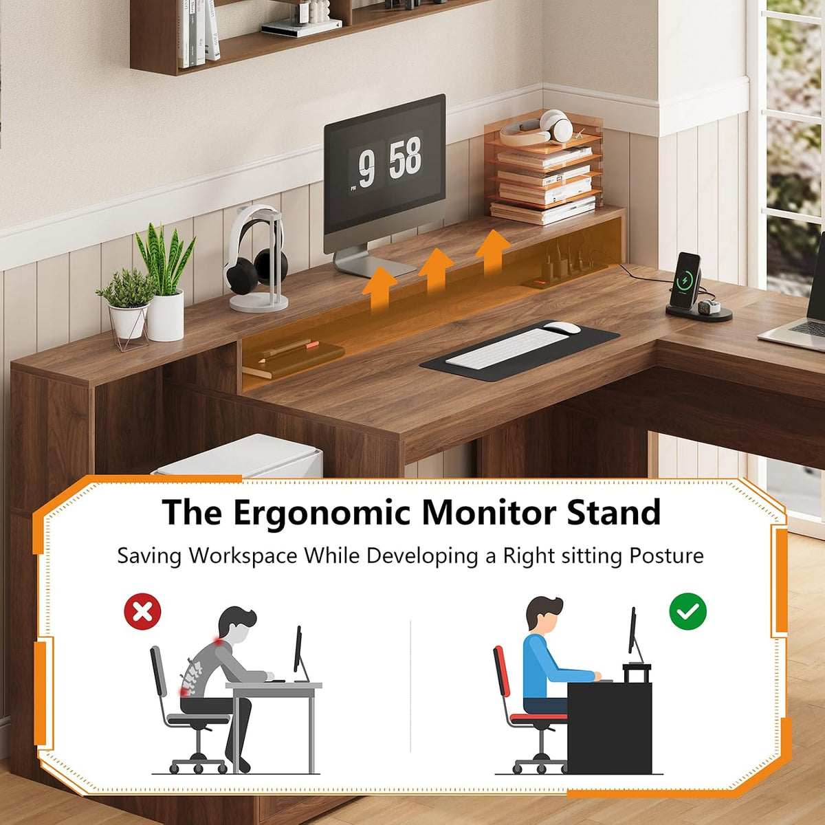 Farmhouse L Shaped Desk with Drawers & Printer Shelf for Home Office