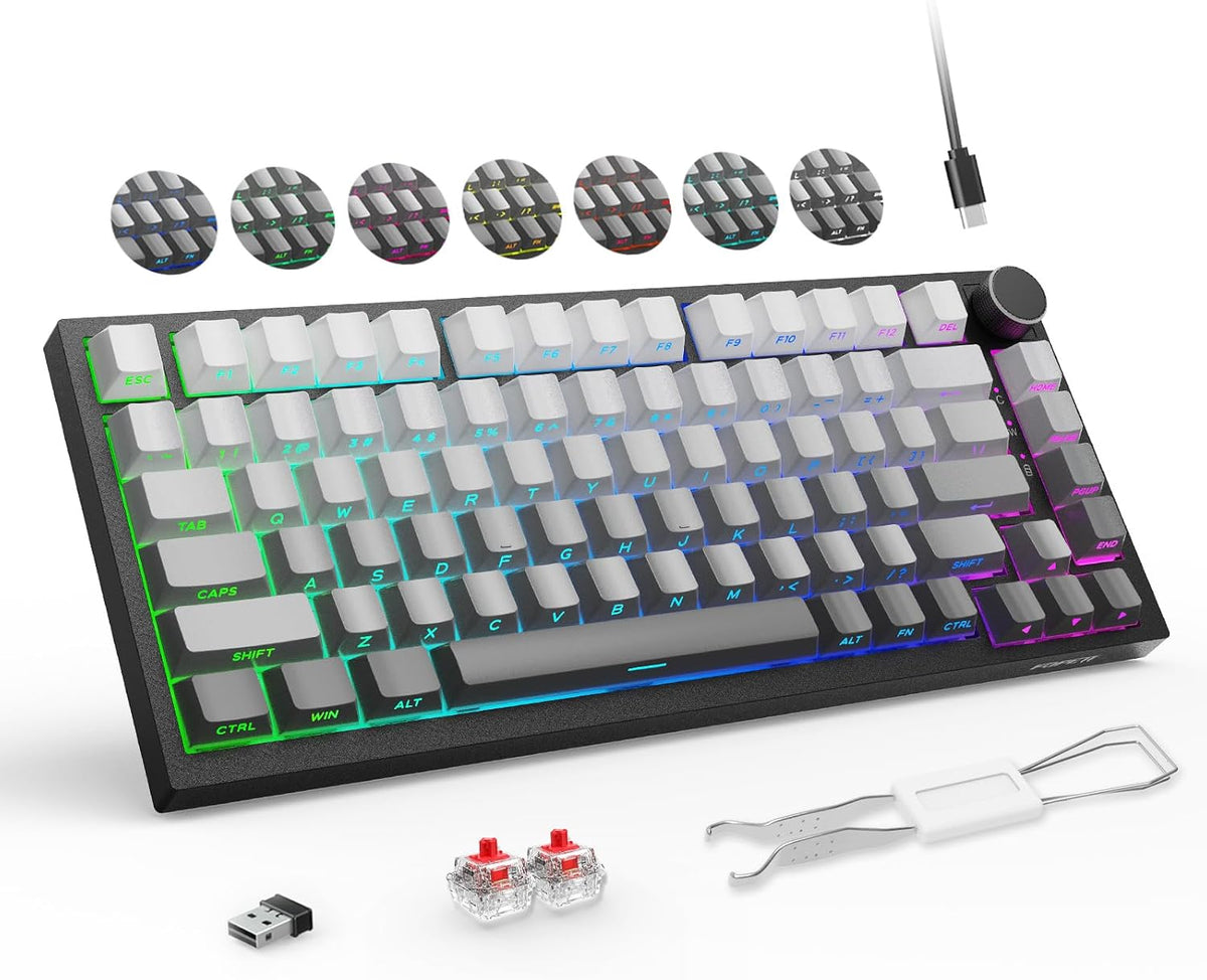 FOPETT Wireless Mechanical Keyboard Rechargeable Adjustable Backlight Three Mode Wired /2.4G /Bluetooth Side Engraved for Laptop/Windows/PC - Gradient Grey Black