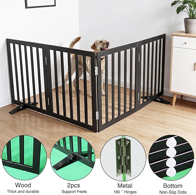 Dog Gate Indoor, Freestanding Dog Fence for The House, Doorways, Hallways,or Stairs,Pet Gate Foldable Wooden,Expandable 32" Height 4 Panels,Black