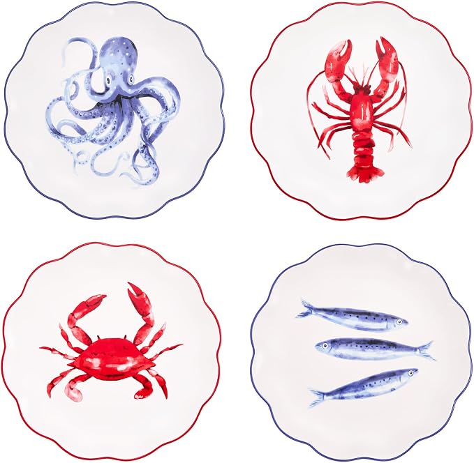 Bico Ocean Wonders Scalloped Salad Plates Set of 4, 8.75 Inch Ceramic Dessert