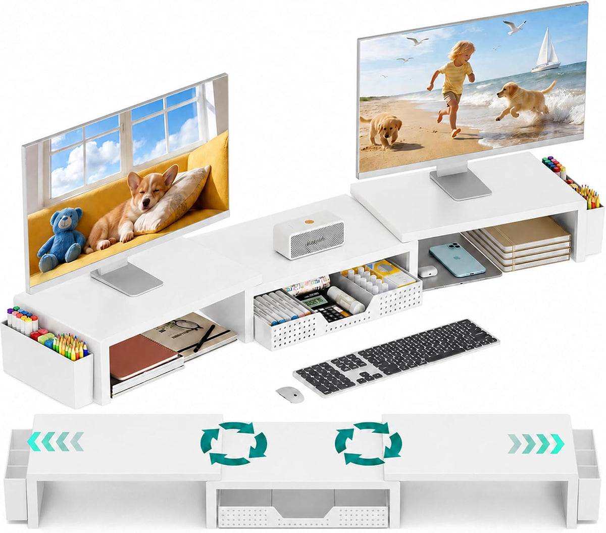 OPNICE Desk Organizer and Accessories, Computer Monitor Stand Riser with Drawer and 2 Pen Holders, Laptop Stand, Office Desk Accessories for Office Supplies, White