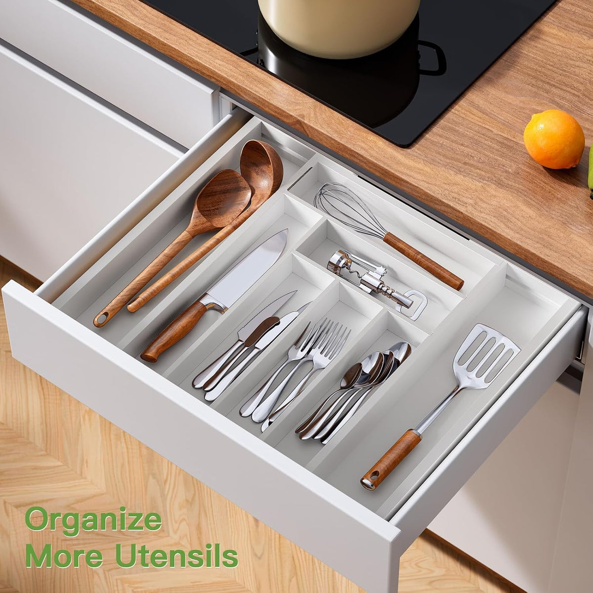 Pipishell Expandable Bamboo Silverware Drawer Organizer, White, Large