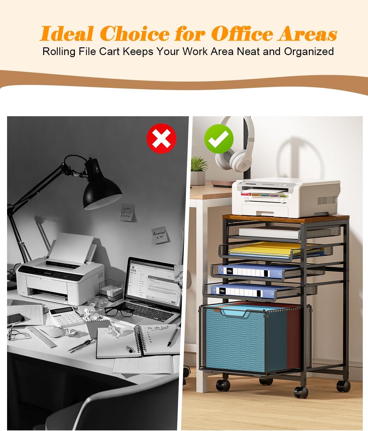 Feyejade Compact 5-Tier Rolling File Cart, Under Desk Metal Filing Cabinet