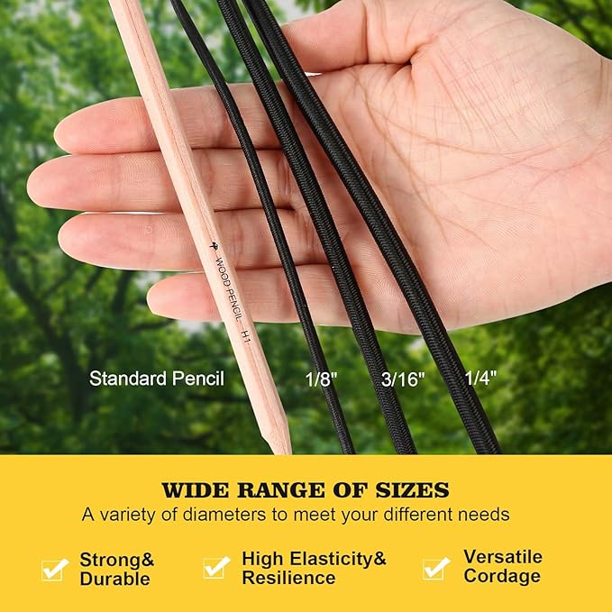 Strong and Durable Bungee Cord Roll - 1/8" x 100ft Elastic Cord, Kayak Stretch String Rope, Bungee Shock Cords for Repairing Tent Poles, DIY, Tie Downs, Black