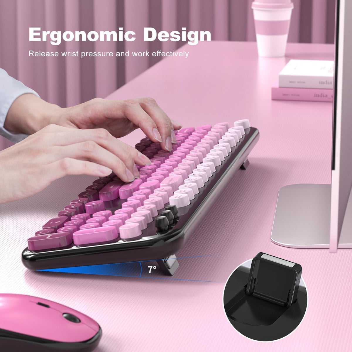 Atelus Wireless Keyboard and Mouse Combo, Typewriter Full Size Keyboard with Number Pad and 2 in 1 USB Connected Mouse for PC Computer Laptop Desktop Windows 7 8 10 11 (Black Pink)