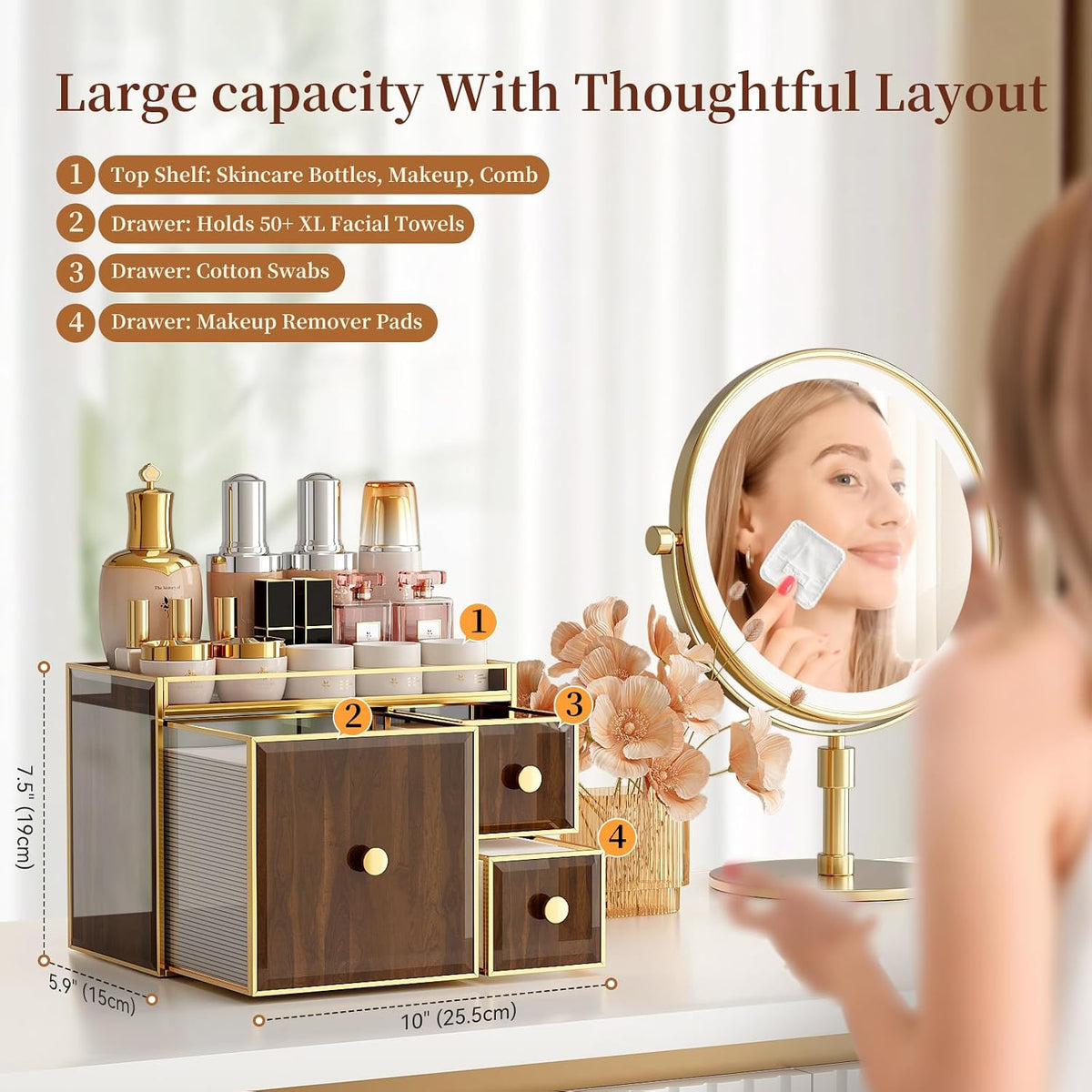 CoralHouse Face Towel Holder with 3 Drawers for Bathroom, Woodgrain