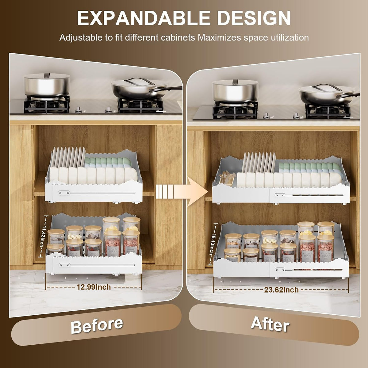 Pull Out Drawers for Cabinets, Expandable Pull Out Cabinet Organizer 11-18" Width,13-24" Depth, Roll out Shelves for Cabinets Without Lip, No Drill Adjustable Slide out Drawers for Kitchen & Pantry