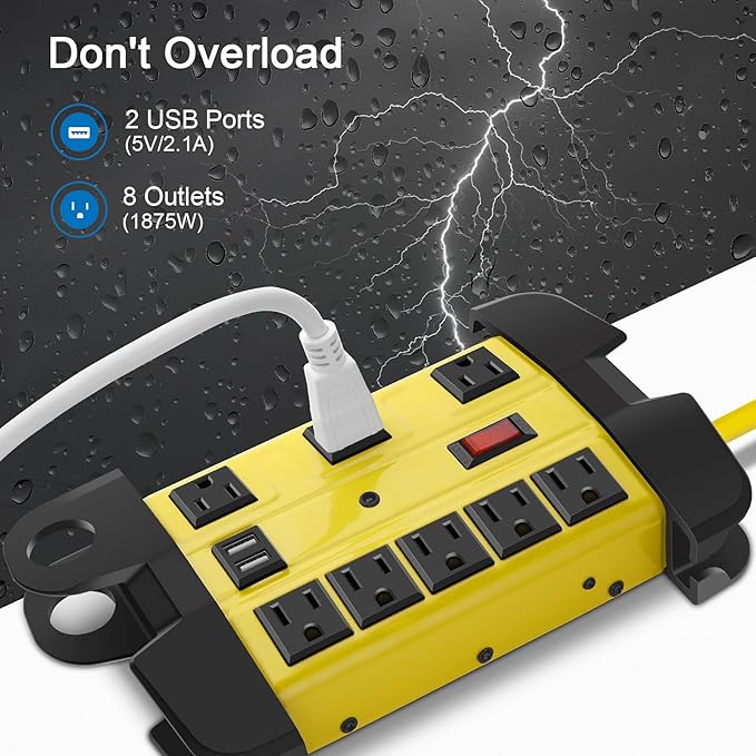 Heavy Duty Power Strip with USB, Workshop 8 Outlet Surge Protector 2700 Joules, Industrial Metal 15Amp Power Strip, 6FT Extension Cord and Wide Spaced. Yellow