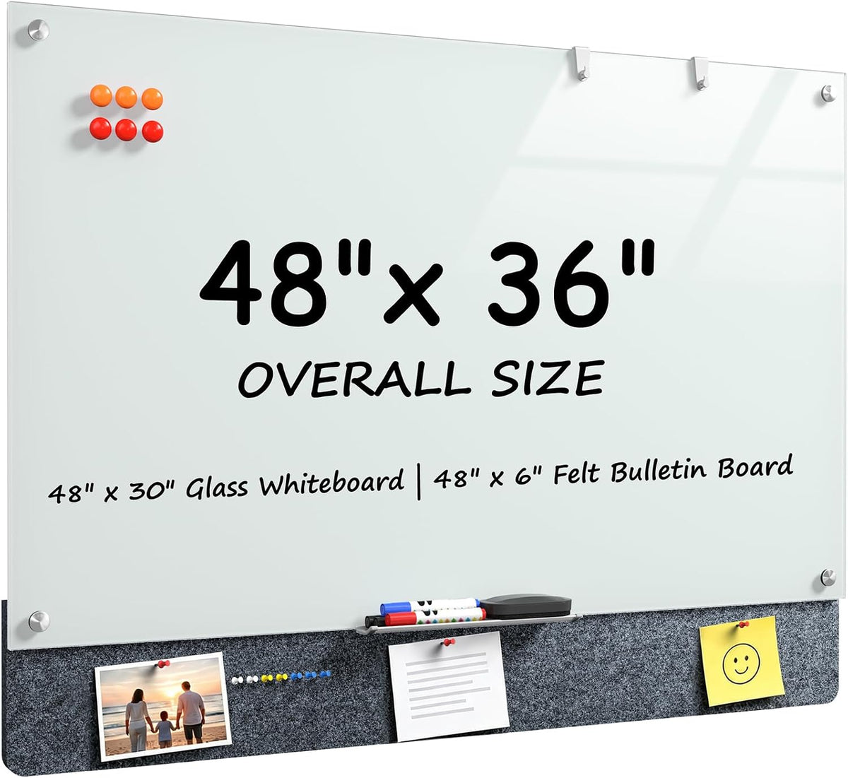 MaxGear Magnetic Glass Whiteboard & Felt Bulletin Board Combo, 48 x 36 Inch