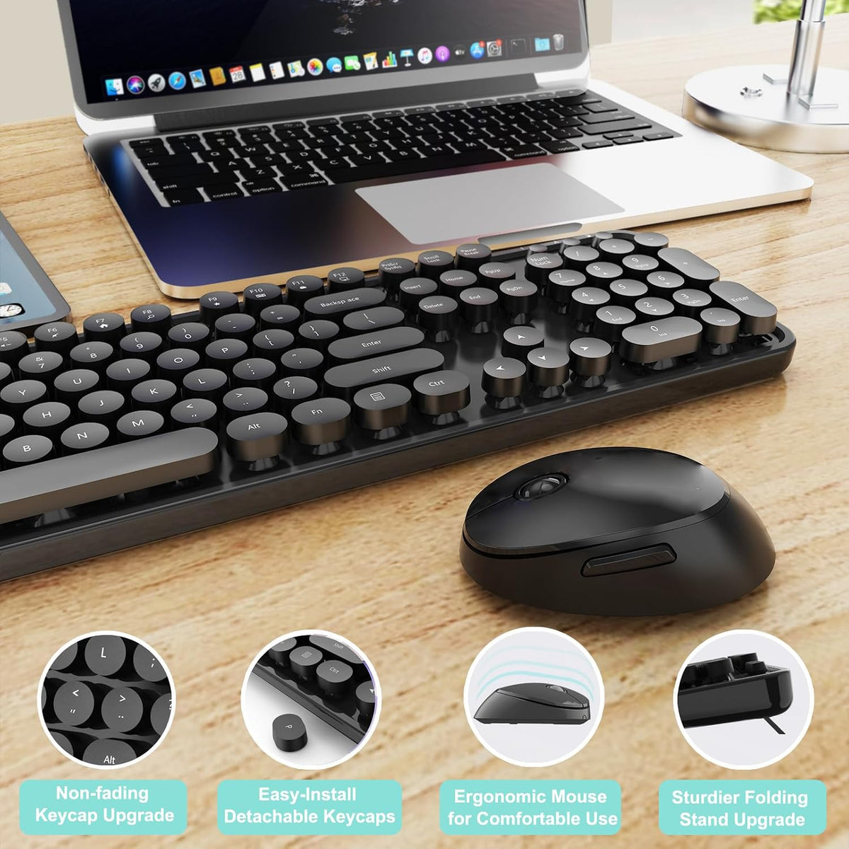Wireless Keyboard and Mouse Combo, Ergonomic Full Size Typewriter Retro Round Keycaps Keyboard, Compatible with Windows, PC, Perfer for Home and Office Keyboards (Black