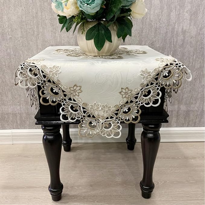 Sandweek Washable Square Tablecloth, Stain Resistant Damask Fabric Floral Lace