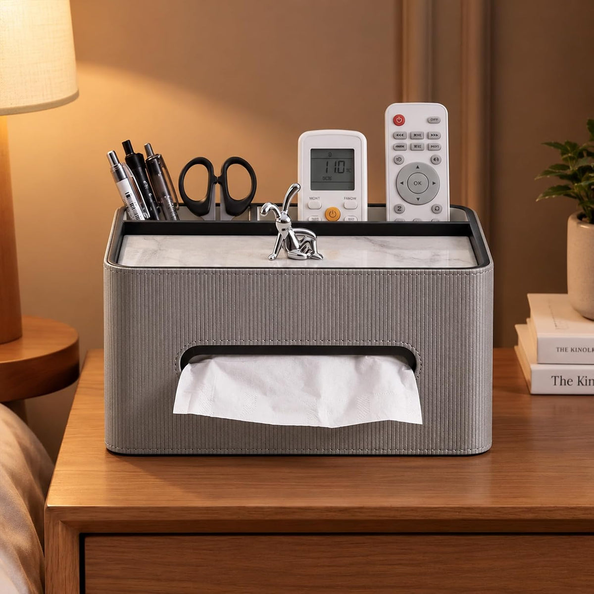 PU Leather Rectangle Tissue Box Cover with Storage Organizer, Gray