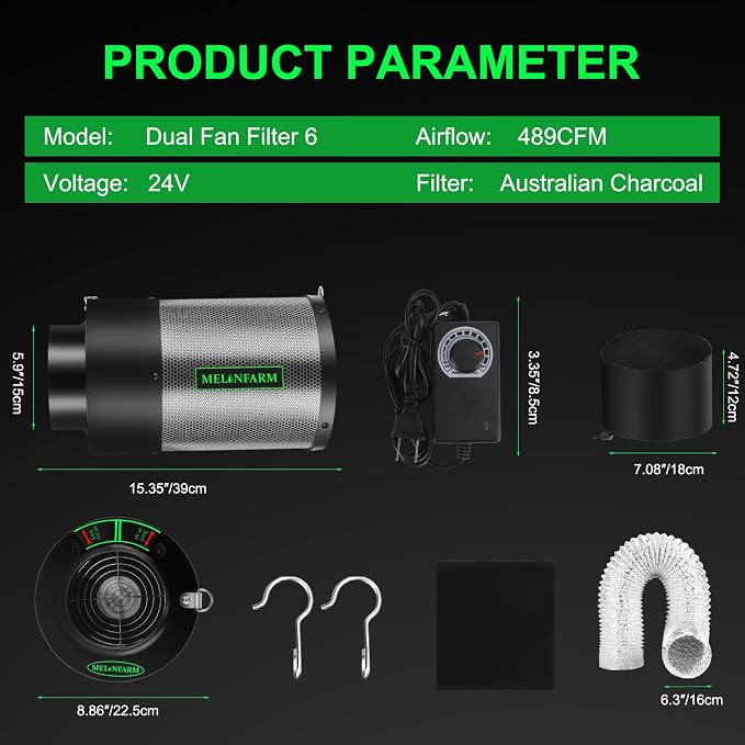 MELONFARM Dual-Fan Air Filter 6 Inch Dual-fan power boosts air circulation