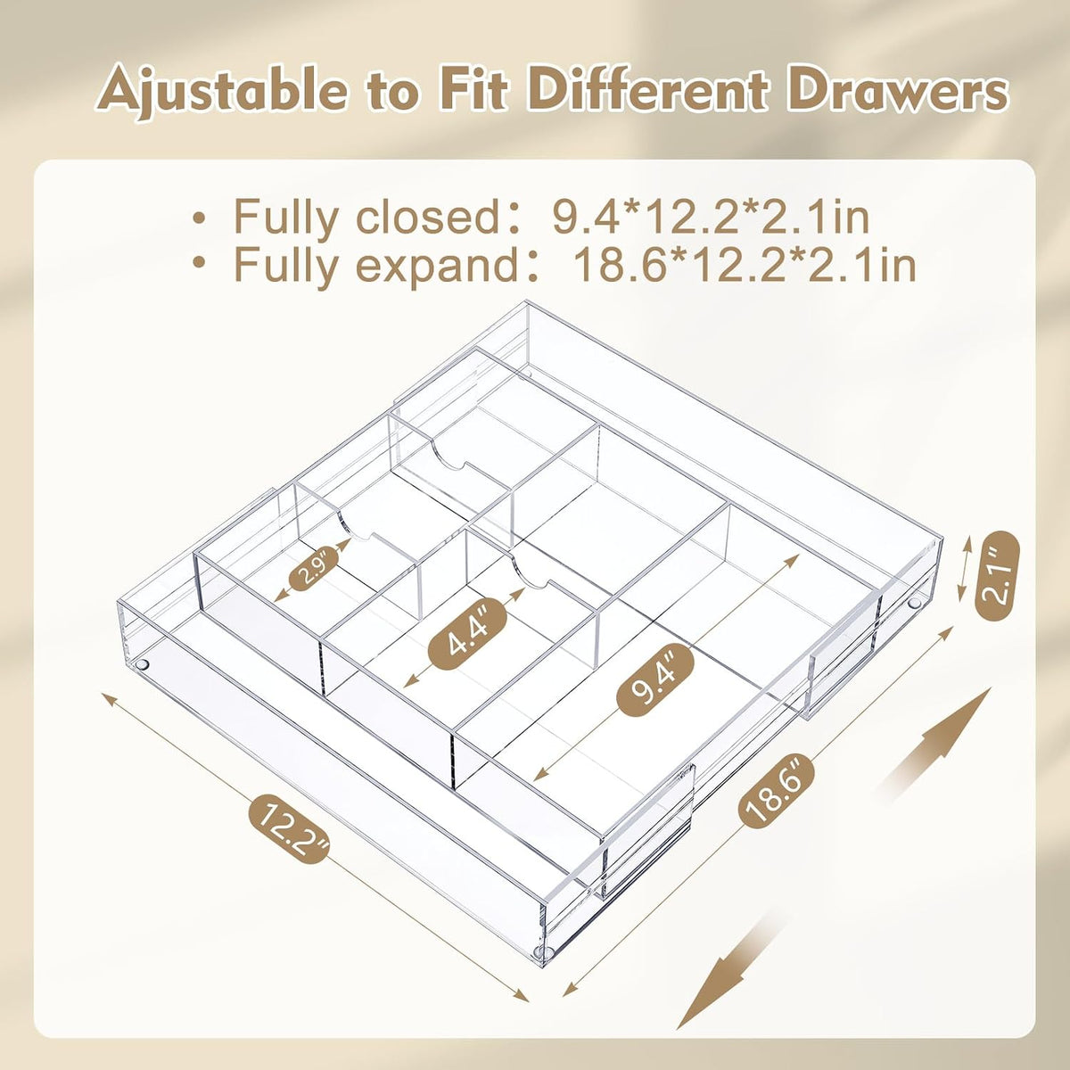 Briwooody 2 Pcs Acrylic Drawer Organizer, 12 x 18 x 2.1'', 8 Compartments