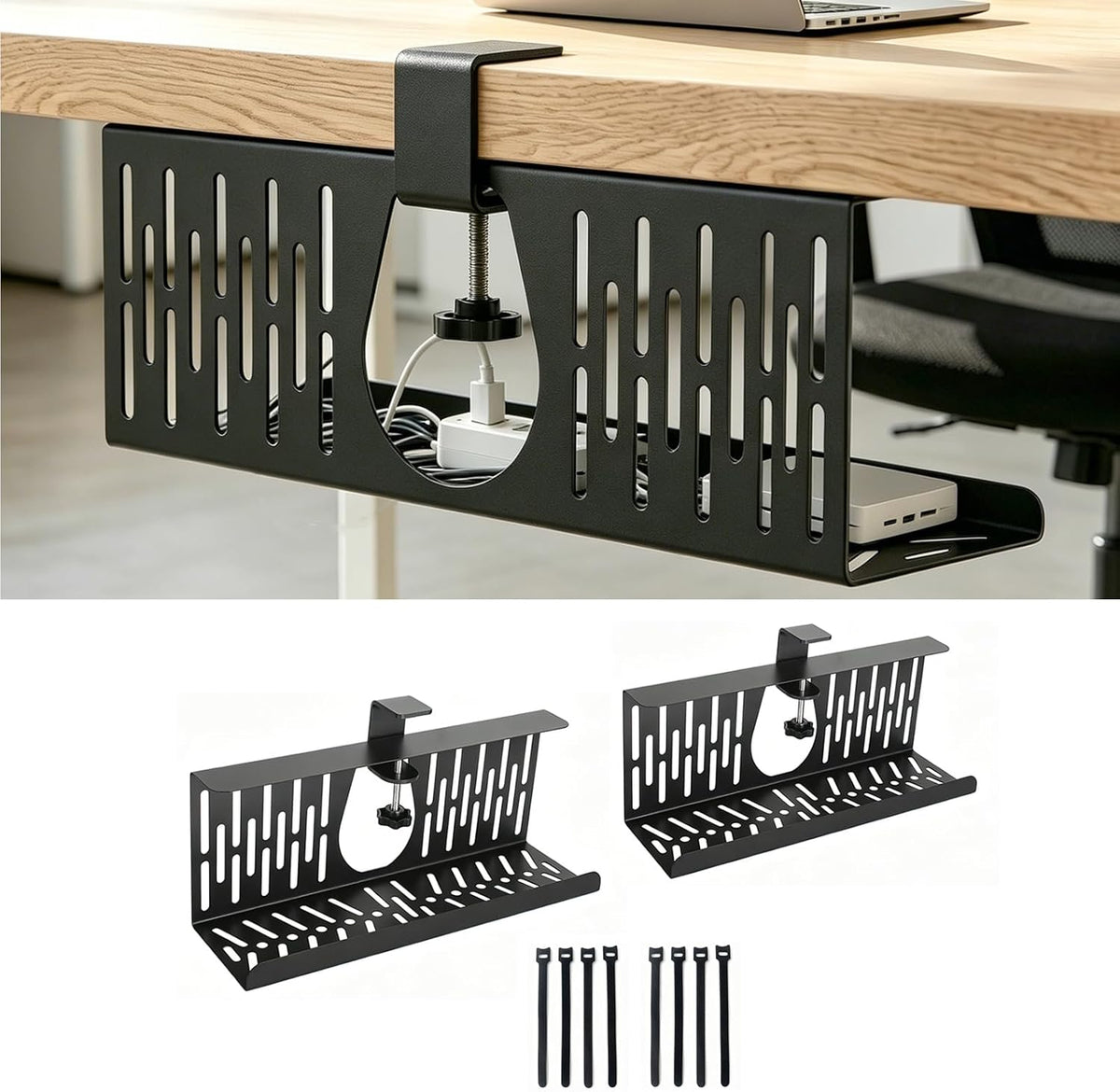 Under Desk Cable Management Tray, Cord Organizer for Desk Cable Management Tray Under Desk with Clamp for Home Office, Standing Desk (2Pack Black)