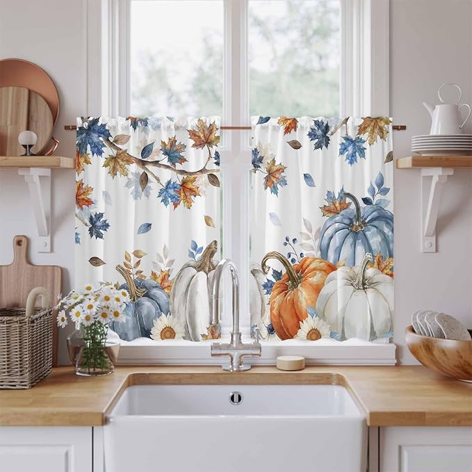 Navy Blue Pumpkin Fall Kitchen Tier Curtains 45 Inch Long 2 Panel Set, Rod
