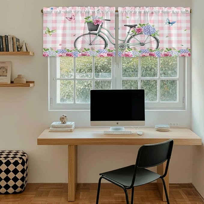 Spring Tier Curtains, Bicycles Leaves Butterfly Flowers Pink Buffalo Plaid