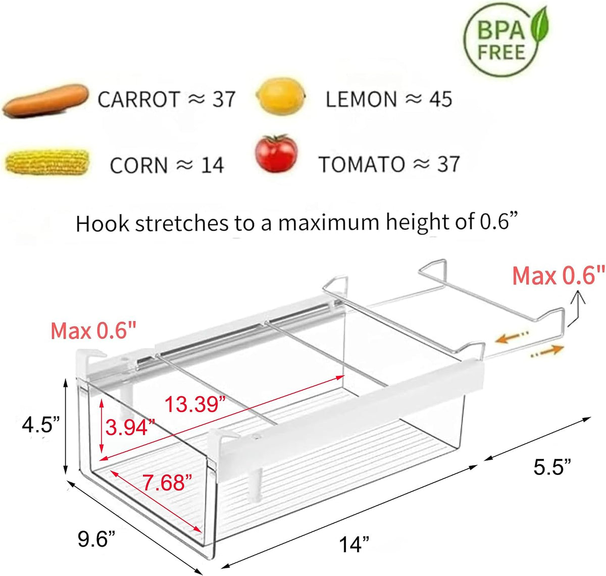 vacane Upgraded Refrigerator Drawers Organizer - Pull Out Fridge Bins with Handle, Extra-Long 19.5" Stretchable and Deep Storage