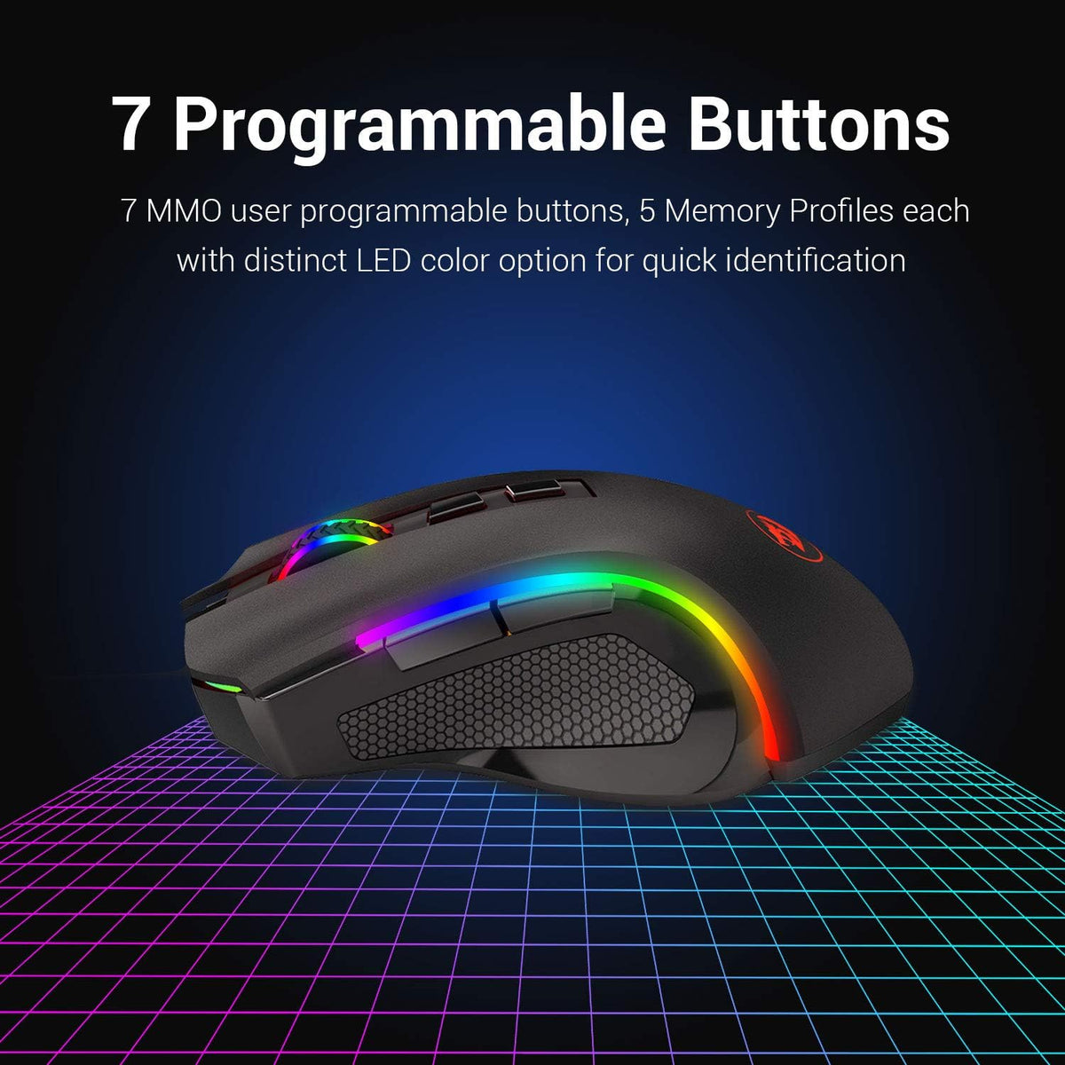Redragon M602 Griffin RGB Gaming Mouse, Tri-Mode 2.4G/USB-C/Bluetooth Mouse Gaming, RGB Spectrum Backlit Ergonomic Mouse with 7 Programmable Backlight Modes up to 8000 DPI for Win PC Gamers (Wireless)