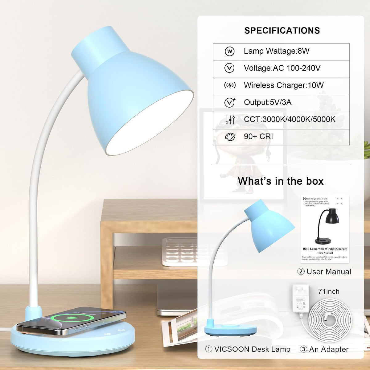 LED Desk Lamp for Home Office with Wireless Charger, Blue