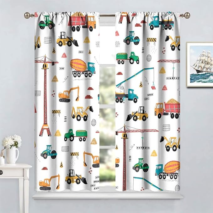 Construction Window Curtains, Kids Cartoon Construction Machines Building Hand