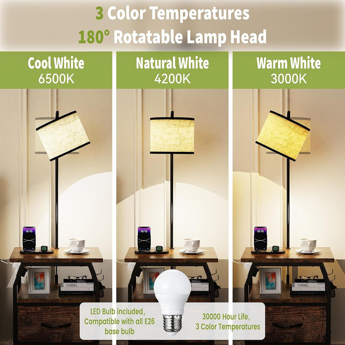 runjuly Floor Lamp with Table, End Table with Light and Charging, Rustic