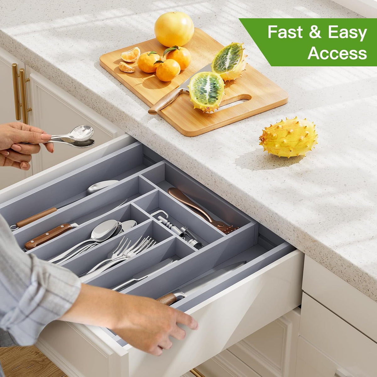 Pipishell Bamboo Expandable Silverware Drawer Organizer, Gray, Medium