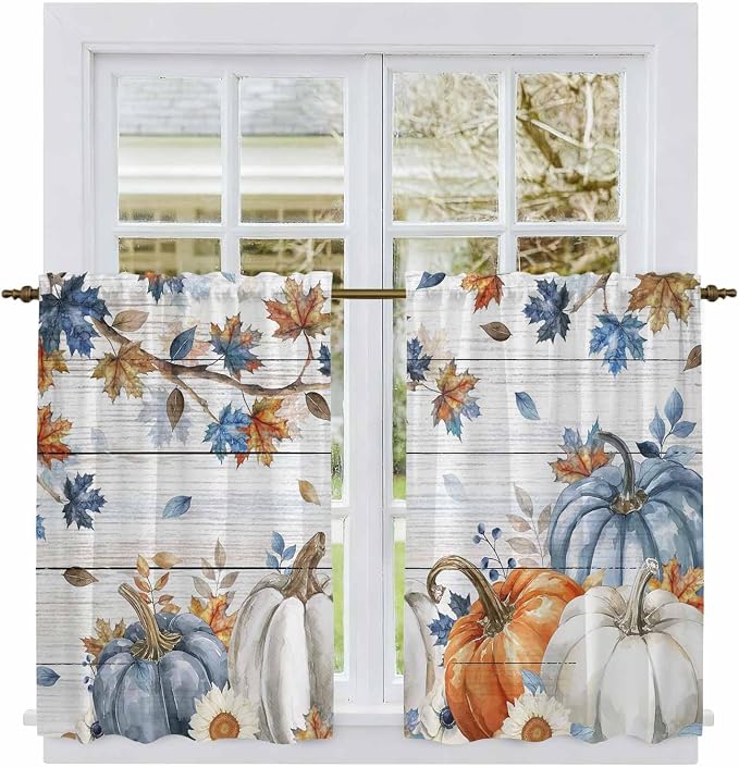 Thanksgiving Pumpkin Kitchen Tier Curtains 45 Inch Long 2 Panel Set, Rod Pocket