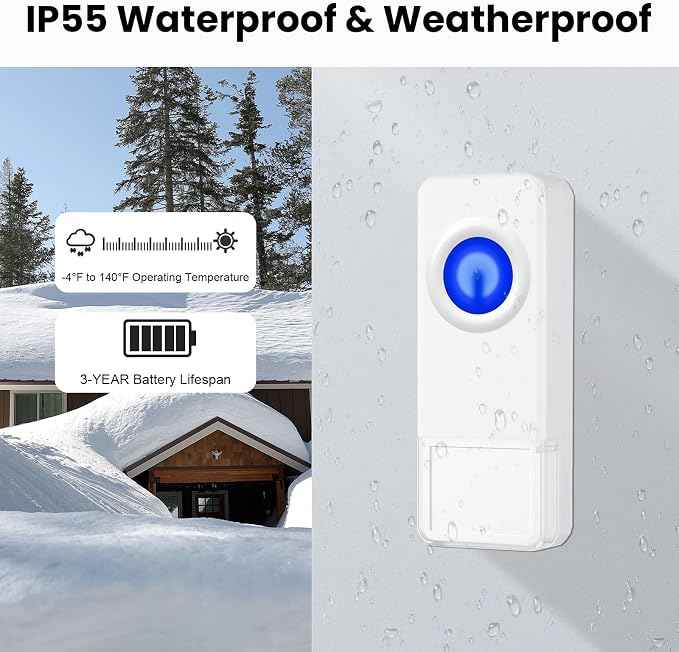 Wireless Doorbell with 3 Receivers 2 Buttons, PHYSEN Waterproof Door Bell Kits