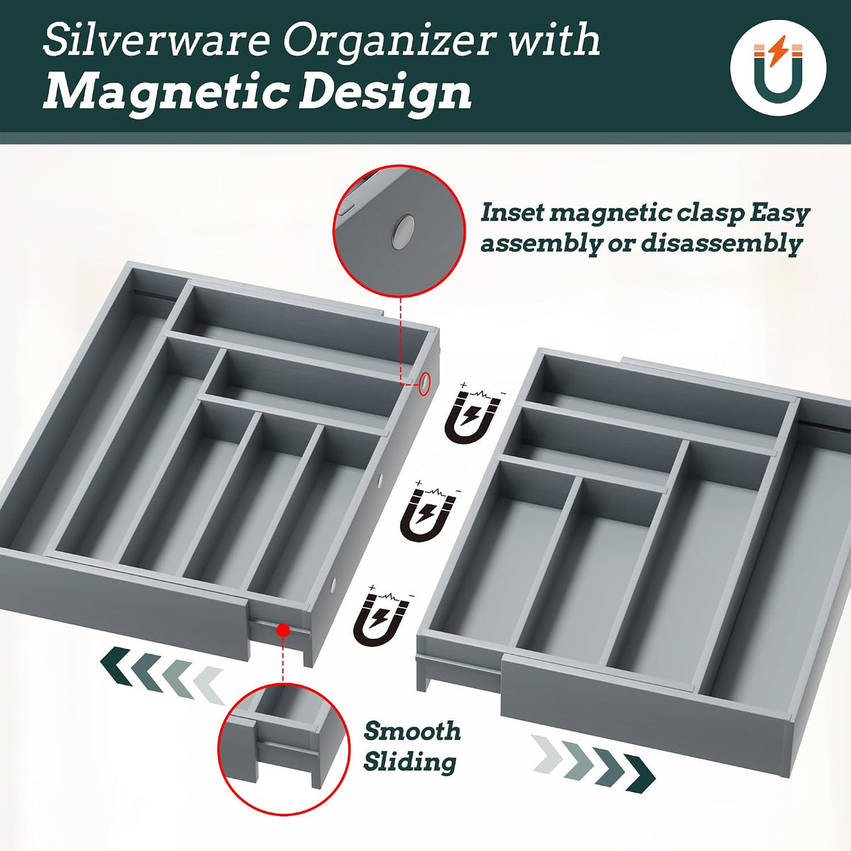 Magnetic Expandable Silverware Drawer Organizer, 13 Slots Utensil Gray