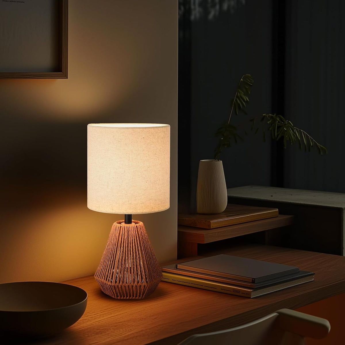 Boho Table Lamp with Linen Drum Shade, 14.17” Bedside Lamp with E26 Rattan Base for Living Room, Bedroom, Office – Natural Woven Style Accent Light, Bulb Not Included