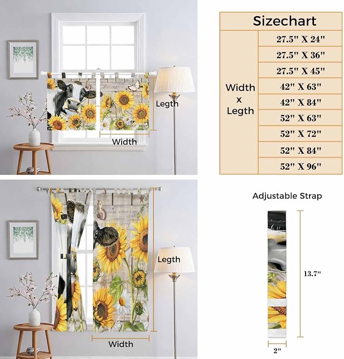 Yellow Sunflowers Kitchen Curtains 24 Inch Length, Small Window Curtains Tab Top