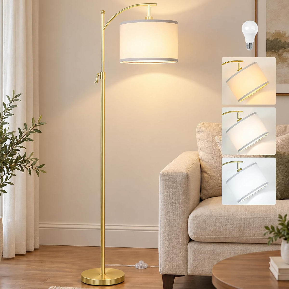 Upgraded Gold Arc Floor Lamp Adjustable Height 55-63in, 3 Color 9W LED Bulb